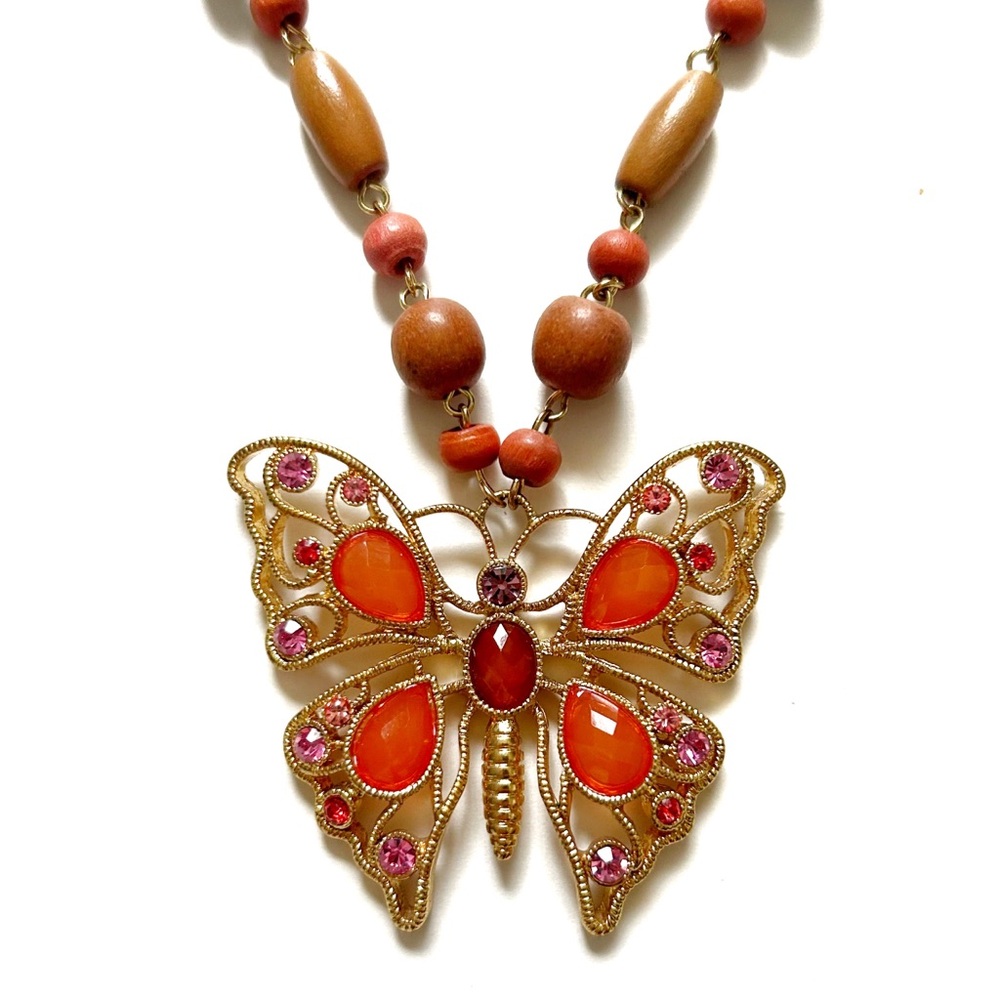 Beautiful Rhinestone Butterfly Beaded Necklace Brown Pink Orange Gold Nature Fun
